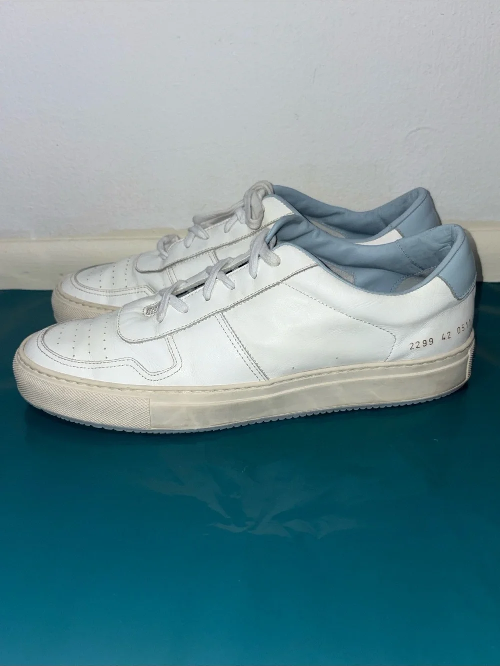 Common Projects White Sneakers with Light Blue Heel and Lining